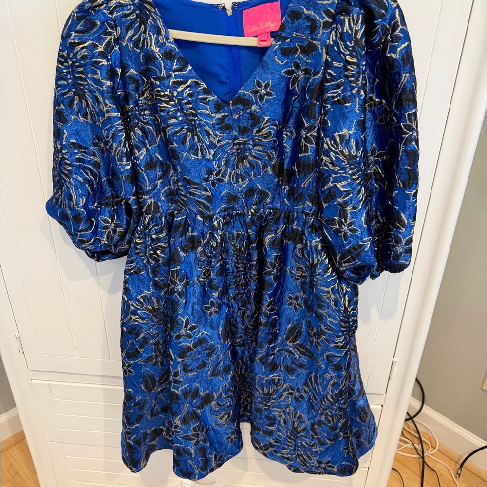 Lilly Pulitzer Royal Blue Metallic Floral Mini Dress with Gold Detail